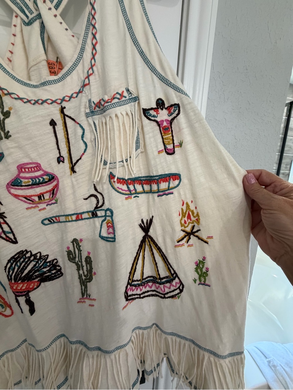 Double D Ranch Cream Embroidered Fringe Tank with Multicolor Southwest Motifs - Picture 4 of 8